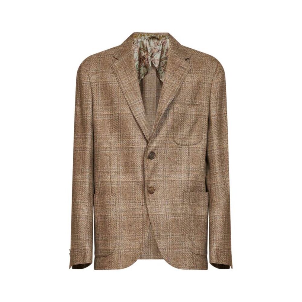 Etro Men Beige Prince Of Wales Wool Single-Breasted Blazer